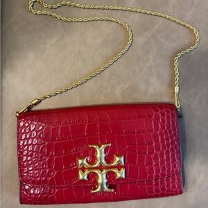 Tory Burch Red Croc-Embossed Crossbody with Gold Chain